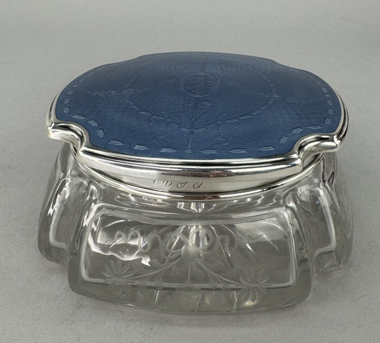 c1910s American Cut Glass Sterling Silver Blue Guilloche Enamel Dresser Jar