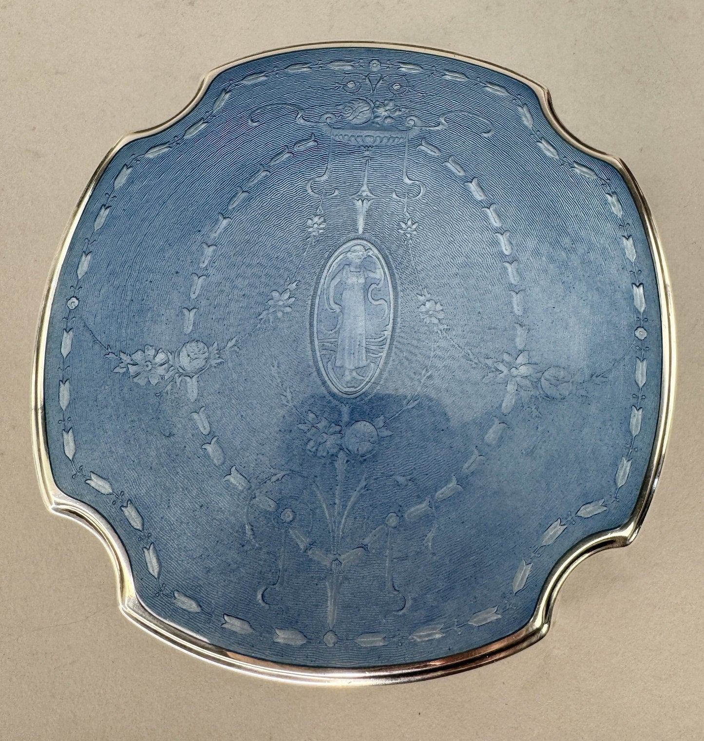 c1910s American Cut Glass Sterling Silver Blue Guilloche Enamel Dresser Jar