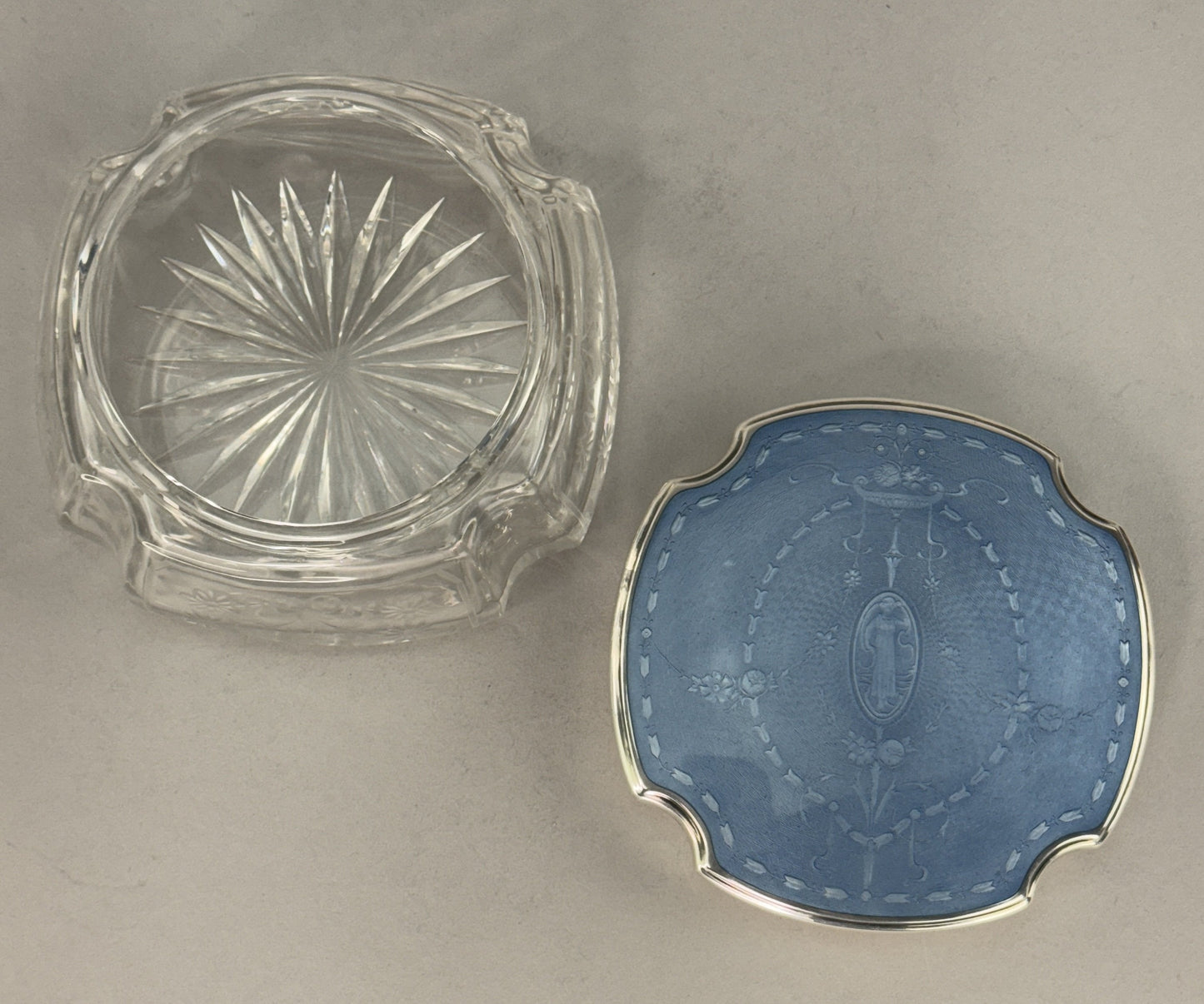 c1910s American Cut Glass Sterling Silver Blue Guilloche Enamel Dresser Jar