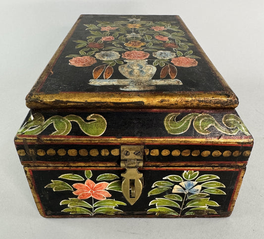 VTG/Antique Hand Painted Indian? Asian Folk Art Floral Gilt Wooden Box
