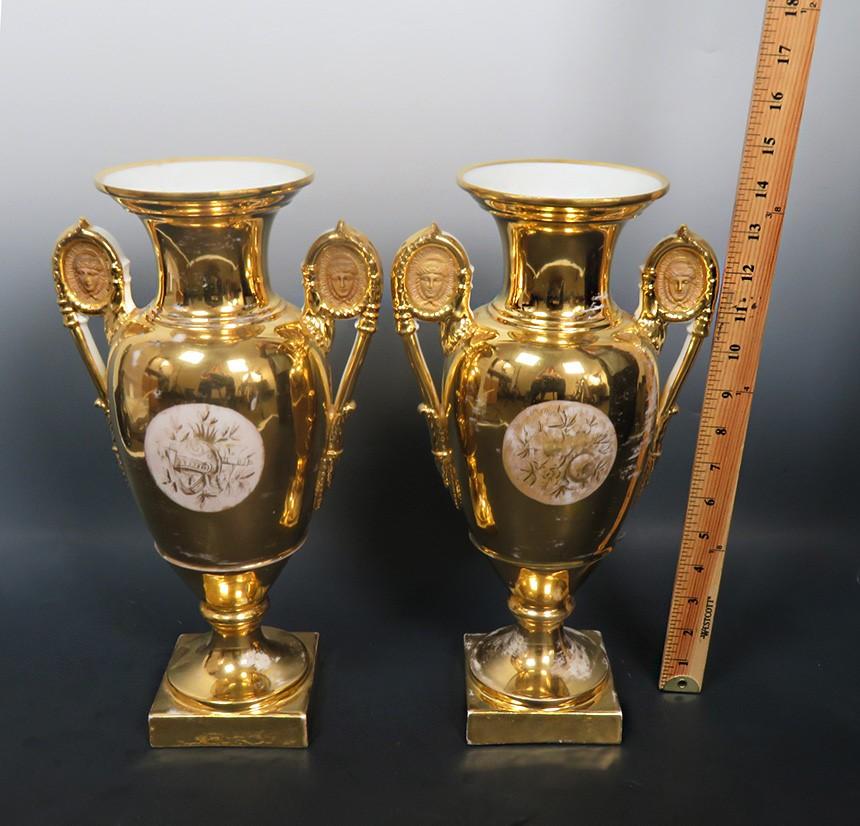 c1830s Fantastic Pair Paris Porcelain Gilt Hand Painted Grecian Urns