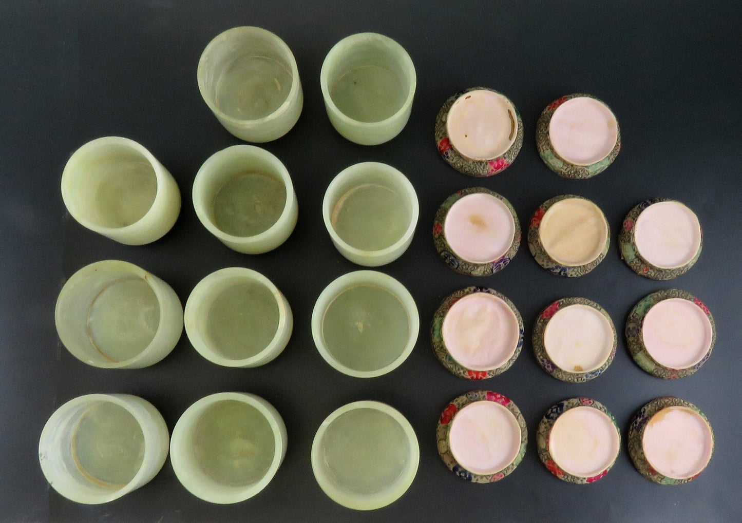 Set 11 Early 1900s Chinese Hand Carved Green Soapstone Cups Candle Holders