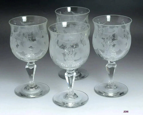 c1870 4 American Cut Frosted Hand Blown Grape Table Wine Water Goblets Glasses