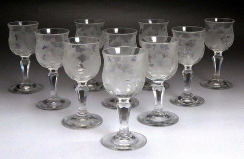 Antique c1870 10 American Cut Frosted Hand Blown Grape Cordial Glasses