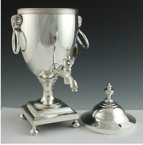 Antique c1810 English Sheffield Fused Silver Plate Ram's Head Hot Water Urn 14"