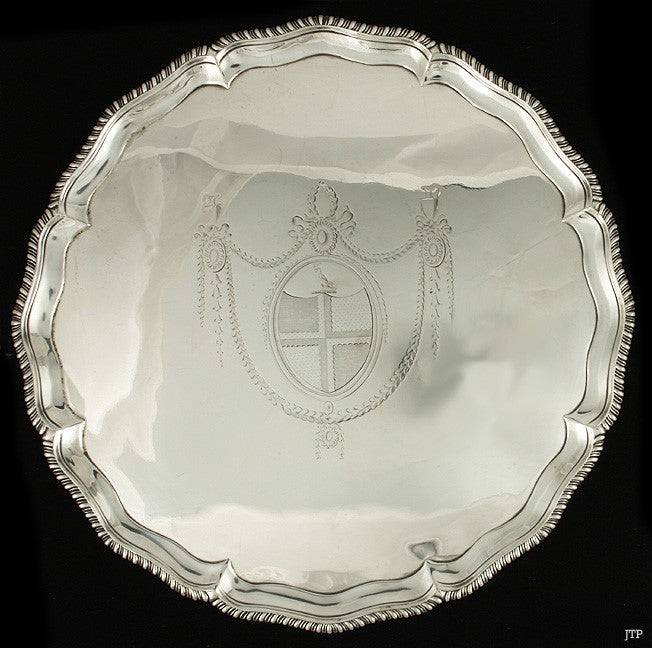 Antique 1773 English Sterling Silver Large Engraved Crest Salver Tray 12.75"