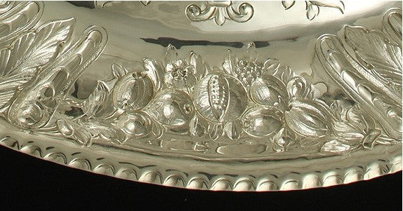 Antique English 1809 Georgian Sterling Silver Peacock Repousse Dish 12.5" X 9"