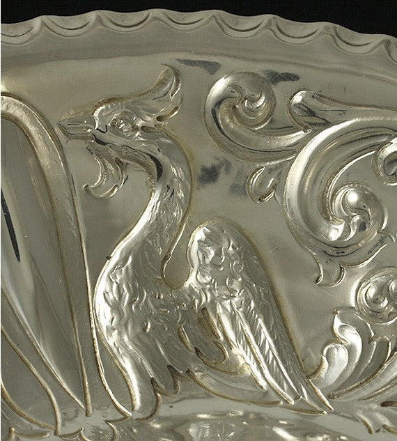 Antique English 1809 Georgian Sterling Silver Peacock Repousse Dish 12.5" X 9"