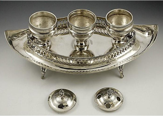 Antique Mid 1800s German Silver Footed Inkwell Pen Holder Desk Set