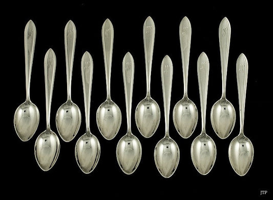 12 Antique c1910 Dutch Silver Pointed Tip Demitasse Spoons 4 1/2"