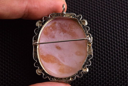 Fine Vintage 14k White Gold and Carved Shell Cameo Pin/Pendant of Woman
