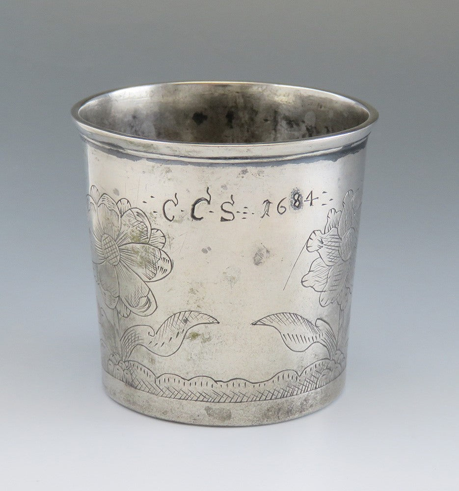 late 1600s Norwegian Scandinavian Hand Engraved Pewter Beaker Cup