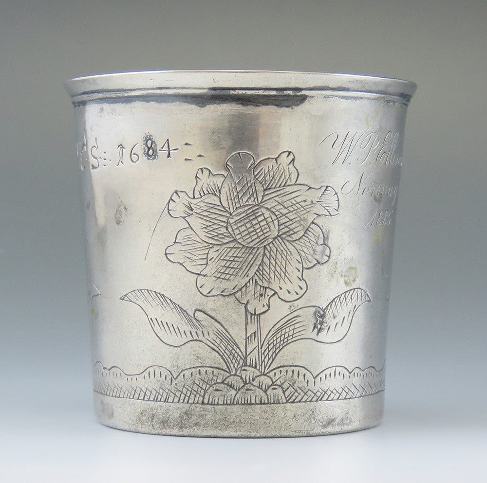 late 1600s Norwegian Scandinavian Hand Engraved Pewter Beaker Cup