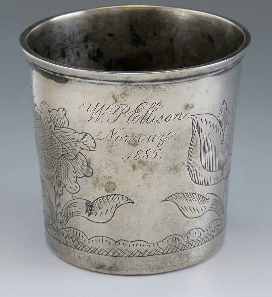 late 1600s Norwegian Scandinavian Hand Engraved Pewter Beaker Cup