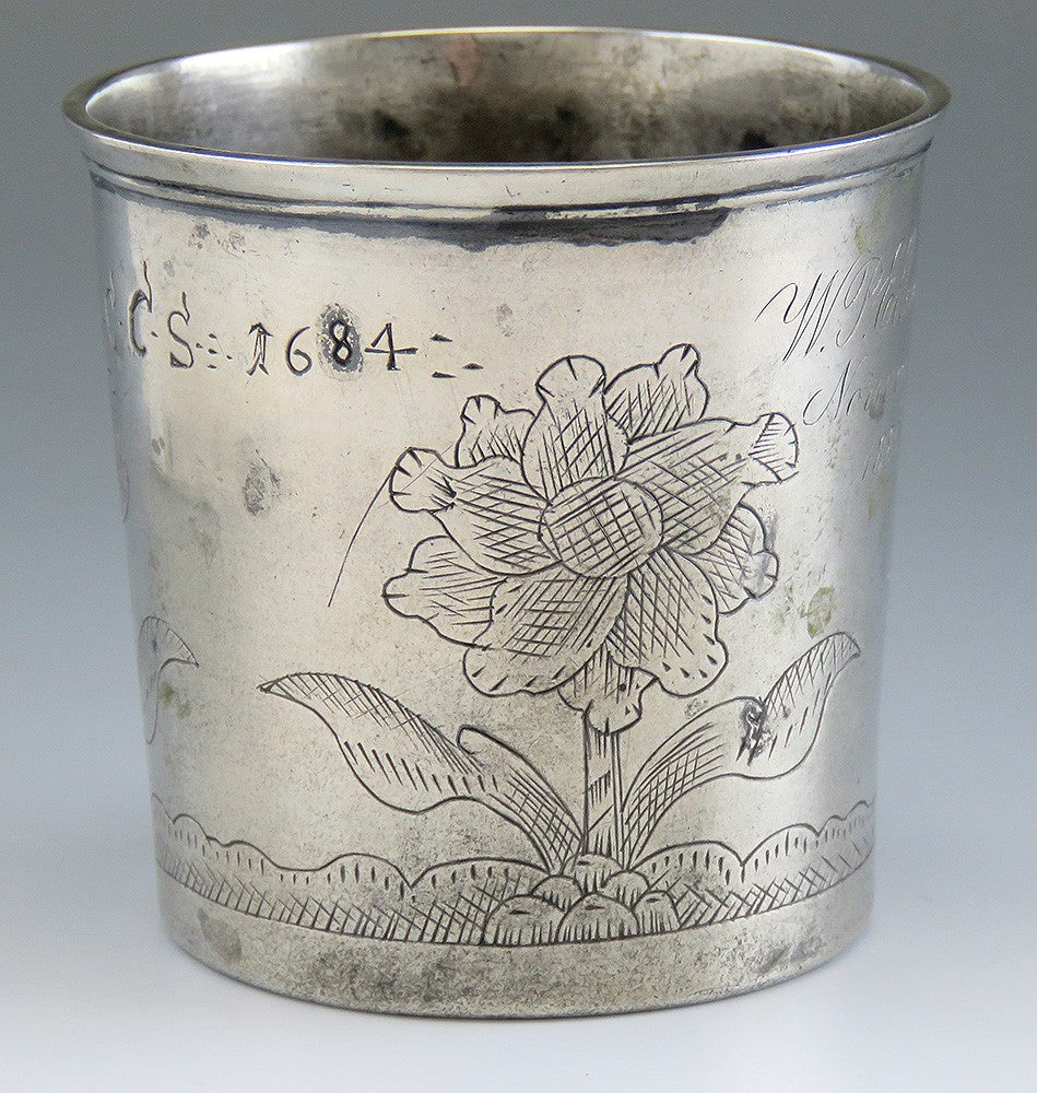 late 1600s Norwegian Scandinavian Hand Engraved Pewter Beaker Cup