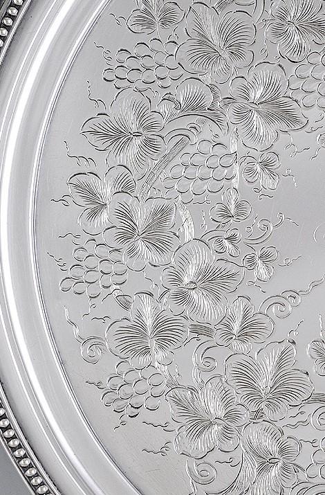 Antique 1850s American Coin Silver Floral Engraved Footed Tray/Platter 12"