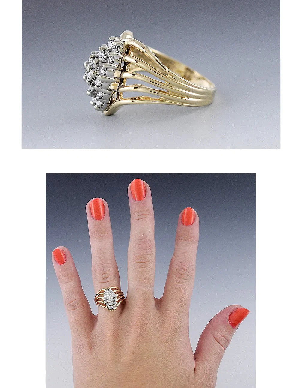 Superbly Crafted 14K Yellow Gold Openwork Cluster Ring W/ .60ct Diamonds Size 7