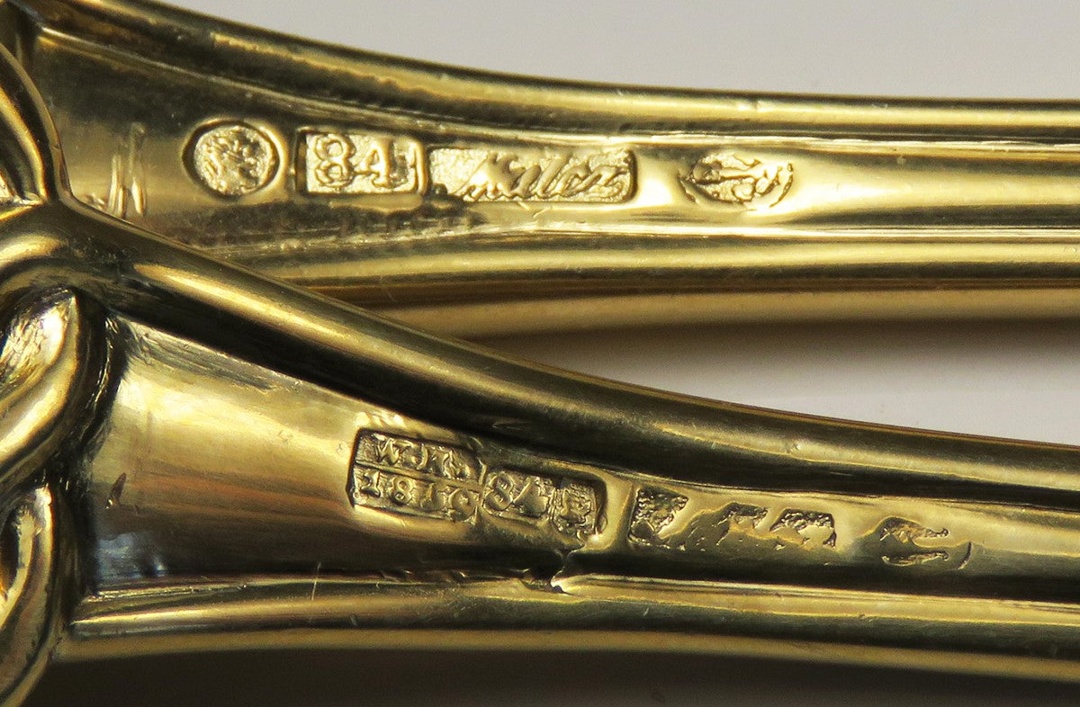 Pair 1859 Russian Gilt Silver Meat Potato Forks by K.F. Malcz Fleur de Lis Crest