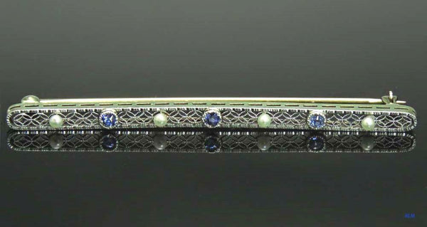 Antique American 14k Gold Filigree Bar Pin w/ Pearls & Sapphires