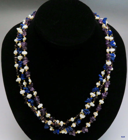 Modern Three Strand Amethyst Pearl Lapis & Garnet Necklace