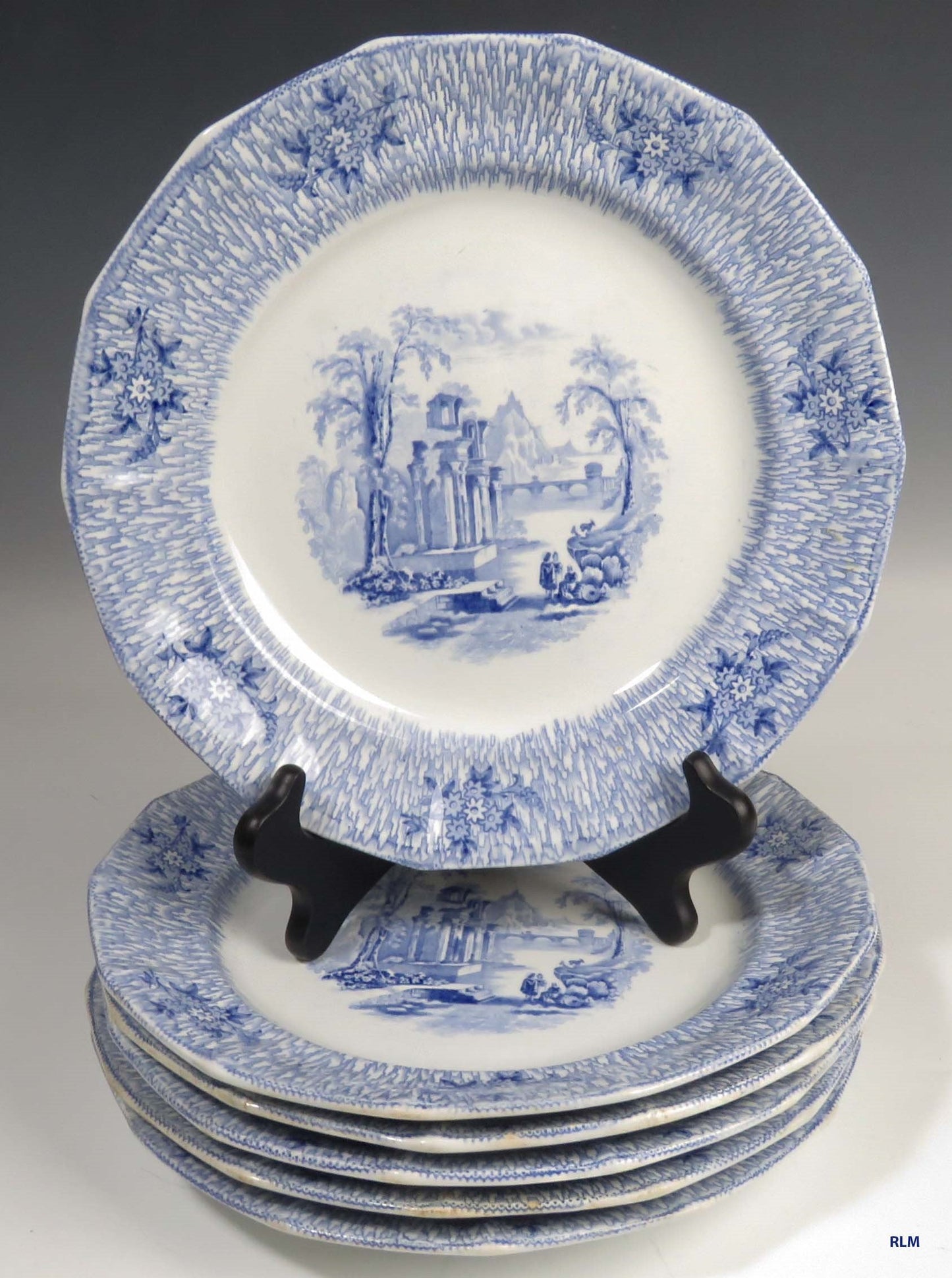 6 c1850 English James Edwards Ironstone Transferware Corinth Dinner Plates