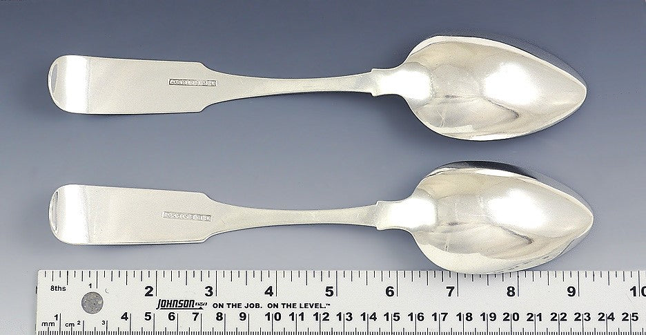 c1815 Fine Pair American Coin Silver Serving/Table Spoons Fiddle Pat by Emery