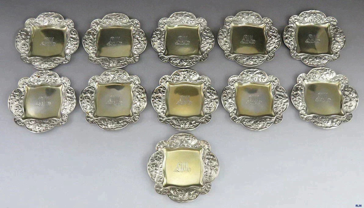 11 Antique 1891 Gorham Sterling Silver Gold Wash Small Candy or Nut Dishes