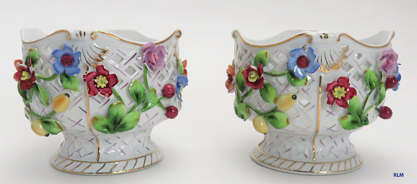 Vintage 1920's-1930's German Pierced Porcelain Flower & Fruit Vases (2)