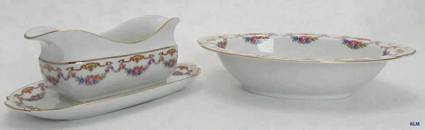 Czech Epiag Floral Double Spout Gravy Boat w Underplate & Oval Serving Dish 9561