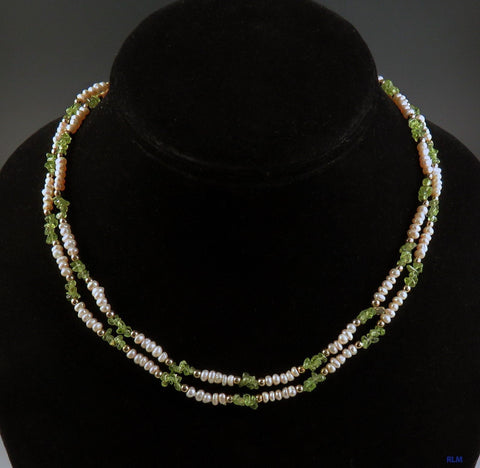 Gorgeous Modern Tumbled Peridot Pearls & Gold Plated Bead Necklace