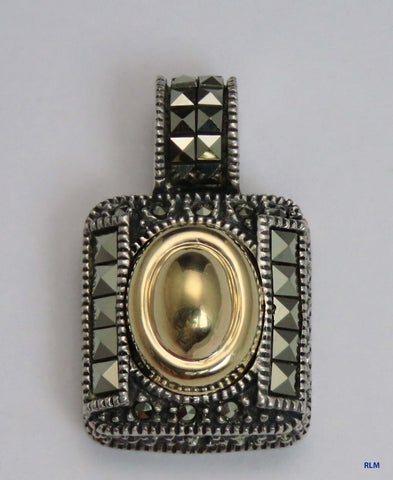 Stunning 14k Gold Sterling Silver Marcasite Square Pendant