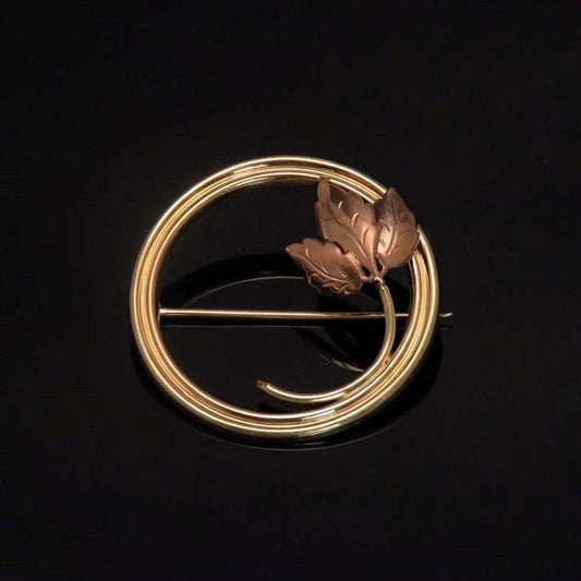 Retro American 10k Rose & Yellow Gold Brooch Pin w/ Leaves