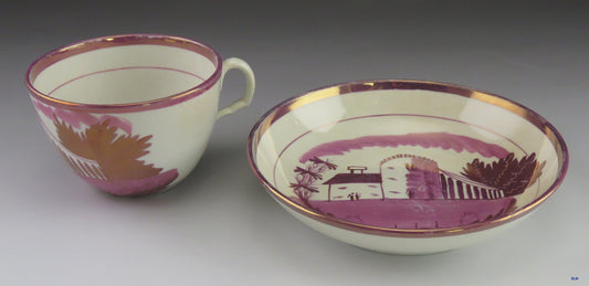 17 pc Antique c1830 English Pink Lustre Porcelain Cups & Saucers/Tea Bowls