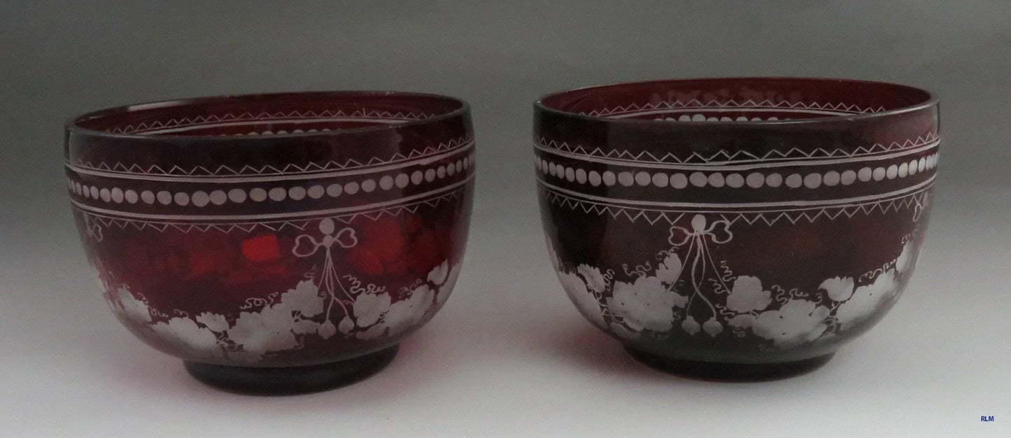 Beautiful Pair Antique Mid 1800s Bohemian Red Ruby Cut Glass Dessert Bowls (5/6)