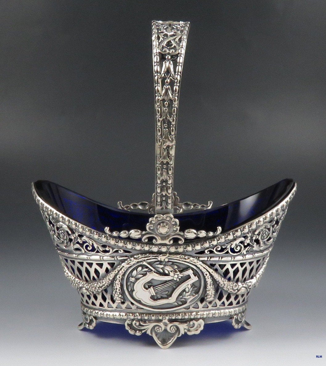 Antique 1890s-1910s Hanau Silver Sauce Basket with Cobalt Blue Glass Liner