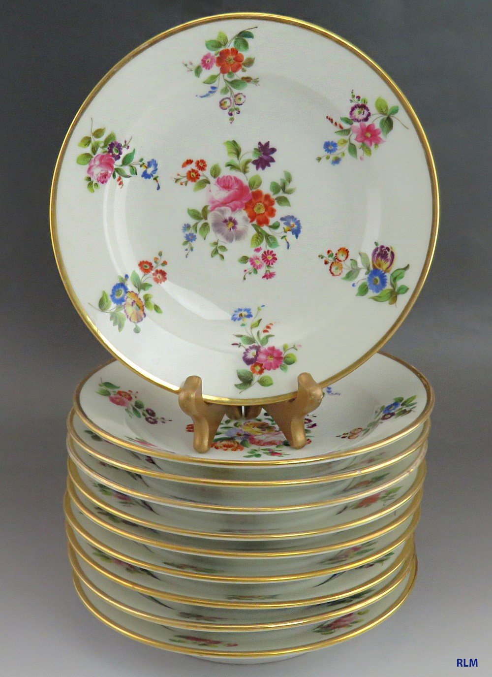 Great 10 Antique c1860s Colorful Floral Gilt Paris Porcelain Soup Bowls 8 1/2"