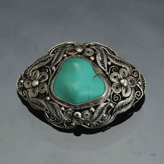Late 1800's/Early 1900's Chinese Export Silver Turquoise Filigree Pin