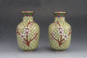 Pair Vintage Chinese Copper Cloisonné Enamel Cherry Blossom Bud Vases