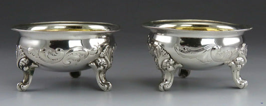 2 Antique c1840 American Coin Silver Ornate Victorian Salt Cellars