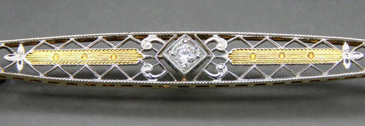 Antique c1920 Krementz 14K Yellow Gold Platinum Top Diamond Filigree Bar Pin