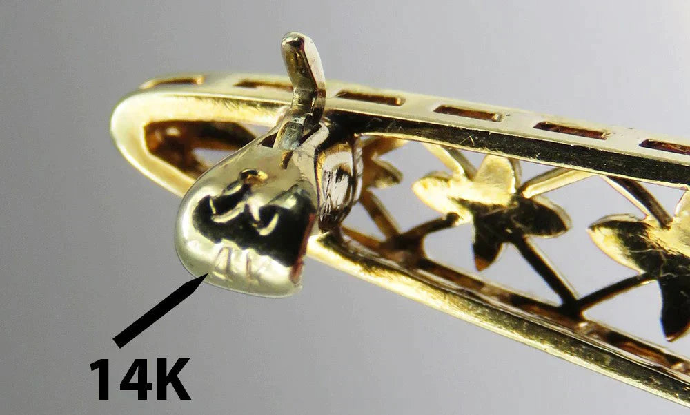 Antique c1920 Krementz 14K Yellow Gold Platinum Top Diamond Filigree Bar Pin