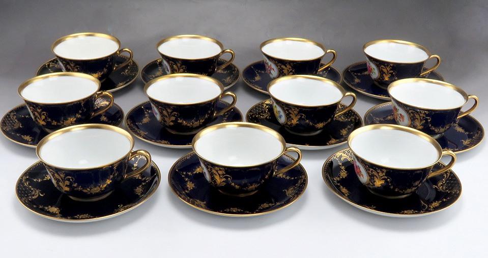 22pc Hutschenreuther German Porcelain China Cobalt Gold Flower Tea Cups Saucers