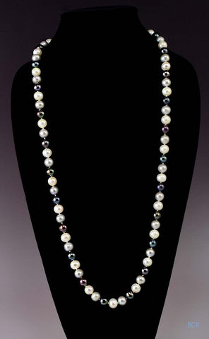 Wonderful Modern 32” Cultured White Black & Gray Pearl Necklace 14K Gold Clasp