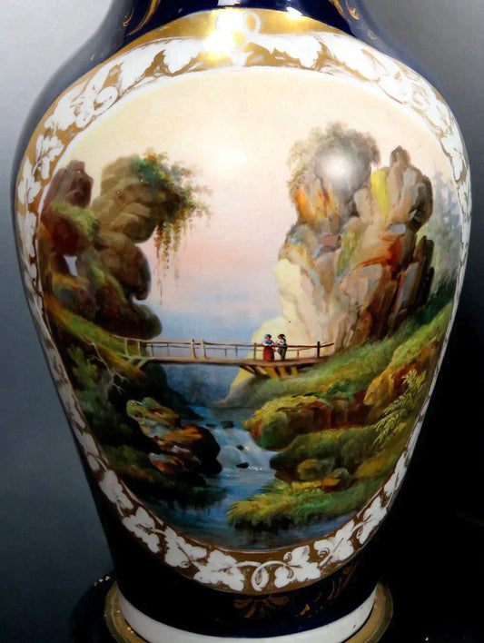 Pair Antique c1850 Paris Porcelain Painted Vases Custom Bases Converted Lamps