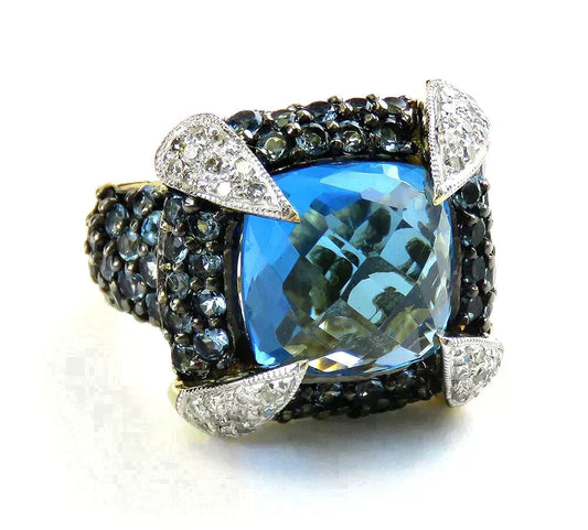 High End 14K Yellow Gold Blue Topaz Gemstone Diamond Cocktail Statement Ring
