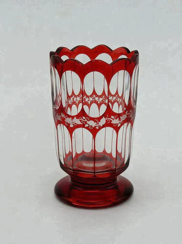 Lovely Antique Bohemian Ruby Overlay Clear Glass Footed Vase Ivy Design