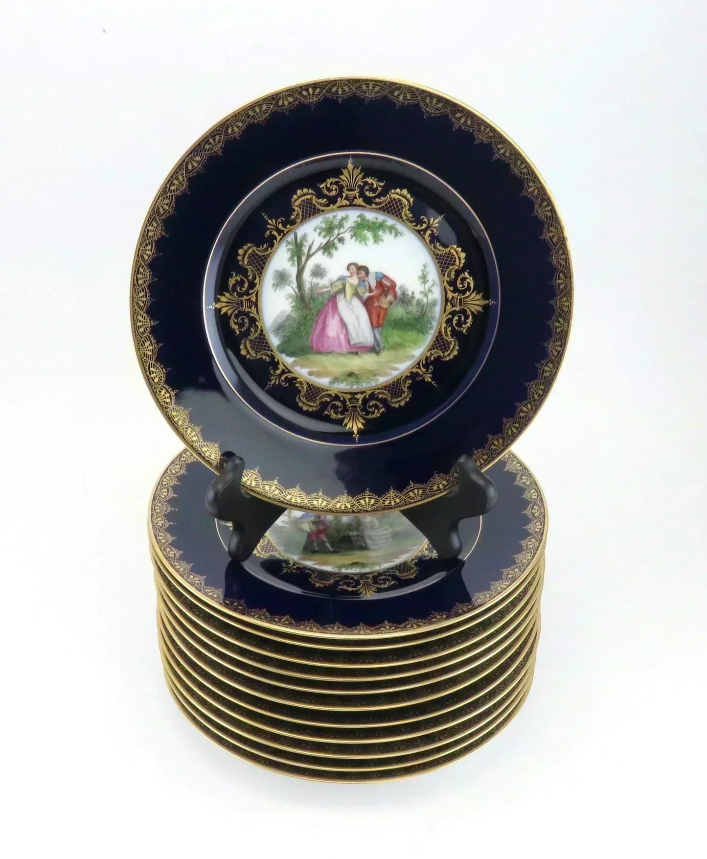 12 Vintage Hutschenreuther Porcelain China Victorian Cobalt Gold Dinner Plates