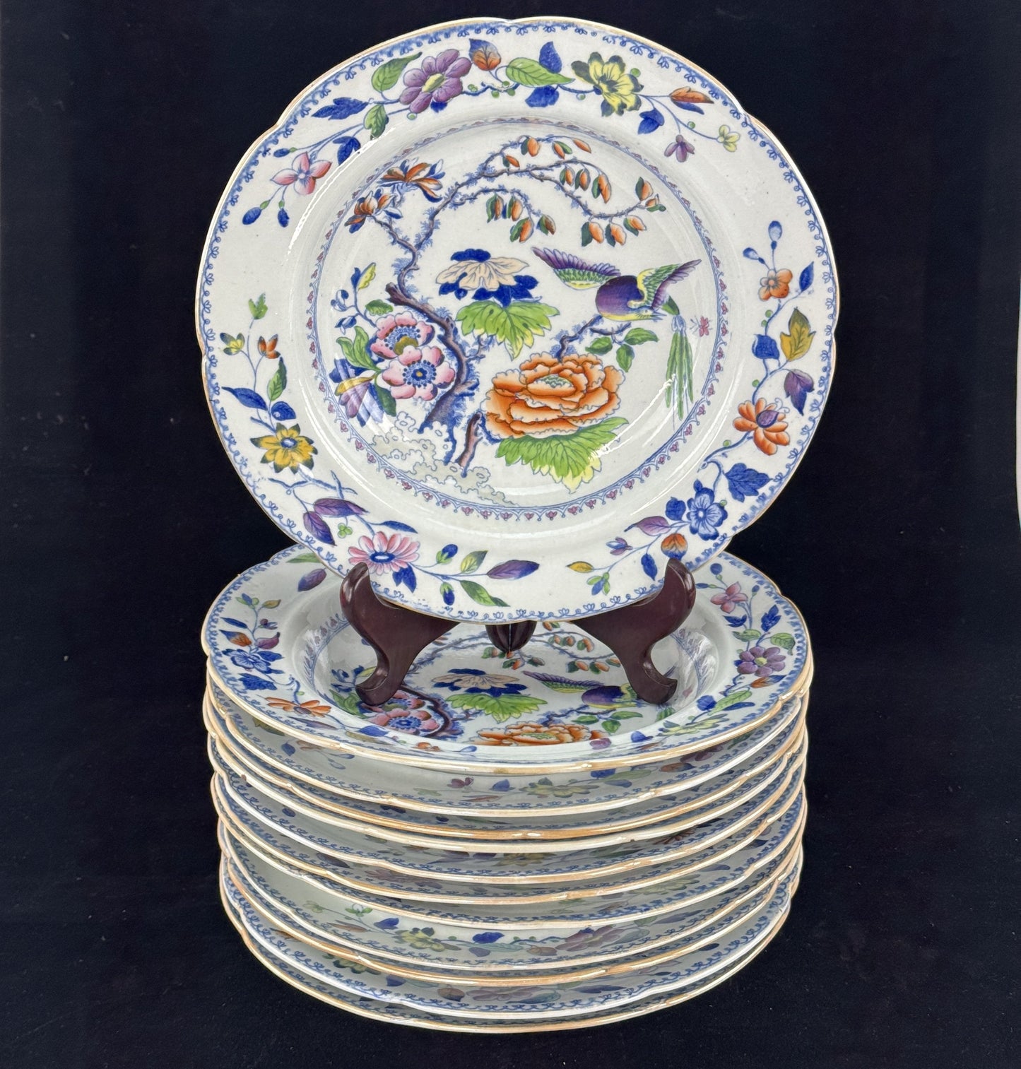Set 12 c1815 Georgian English Davenport Flying Bird Wide Rim Soup Bowls 9.5"