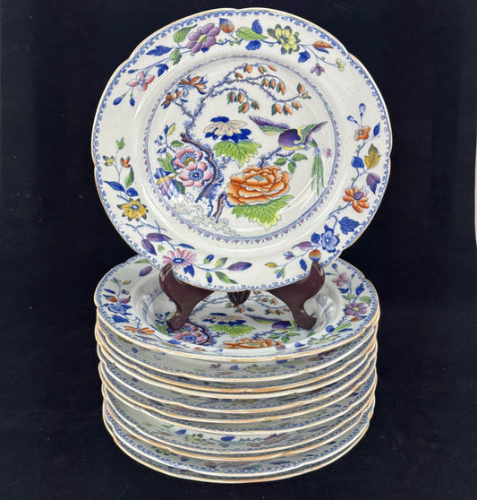 Set 12 c1815 Georgian English Davenport Flying Bird Wide Rim Soup Bowls 9.5"