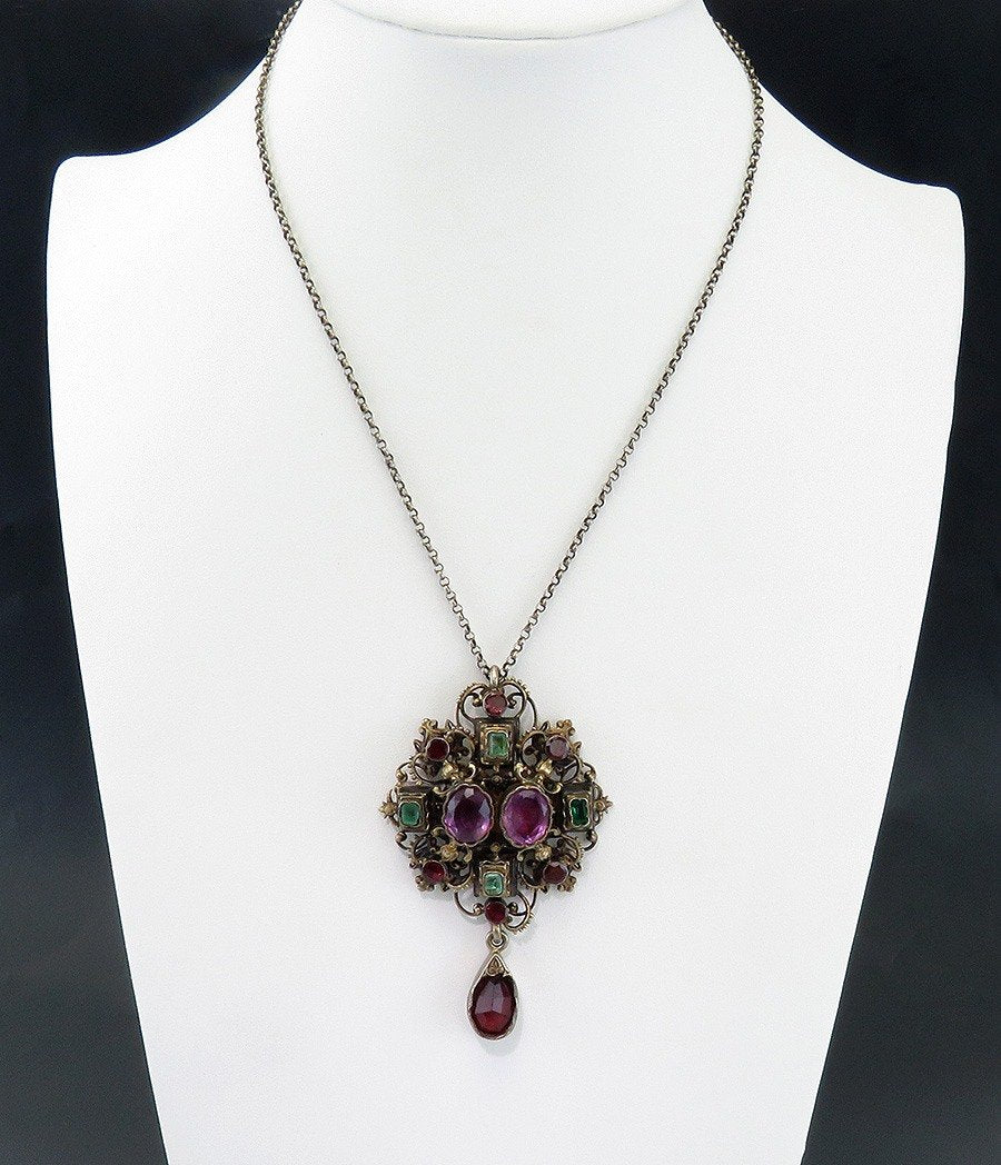 c1880s Austro Hungarian Gilt Silver Amethyst Garnet Filigree Pendant Necklace